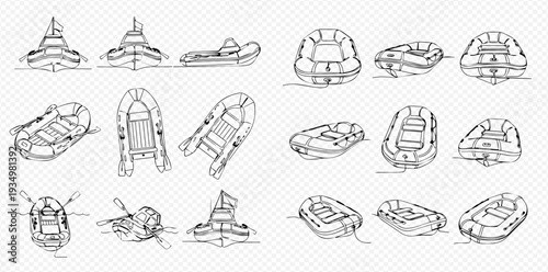 Inflatable raft and boat line art set, various views of rubber dinghies for water sports and recreation.