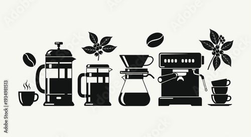 Black and white illustration of various coffee makers and coffee related items, Generative AI
