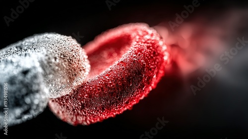 Red blood cells flowing in dark environment with waterdrops