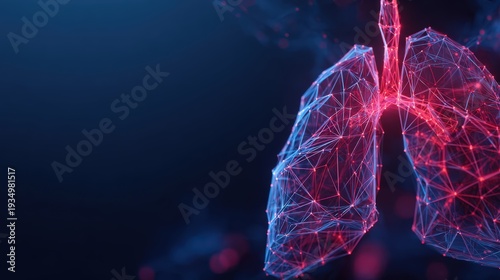 An abstract 3D illustration shows the detailed of human lungs against a blue backdrop. ..Created with Generative AI, not depicting real subjects.
