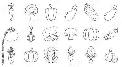 A set of line drawings of various vegetables and fruits in a simple style, Generative AI