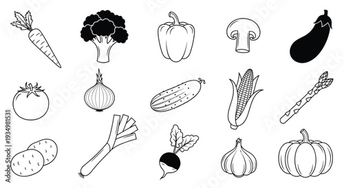 A collection of various vegetables and fruits in a line drawing style, Generative AI