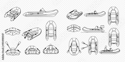 Inflatable boat line art vector set showing various views of dinghies and rafts for water recreation and rescue.