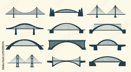 Collection of various bridge silhouettes and icons in different styles and designs on a beige background, Generative AI