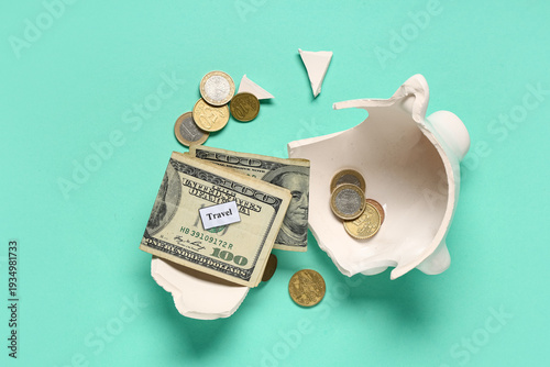 Broken piggy bank with mone...