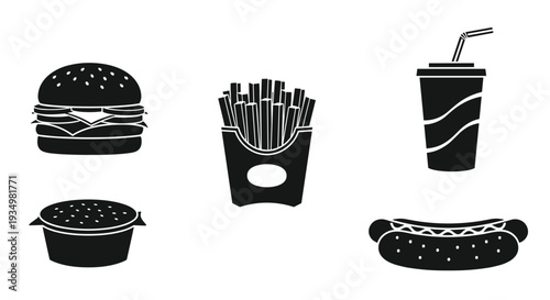 Black and white icons of fast food items on a including a hamburger french fries soda hot dog and a bowl, Generative AI