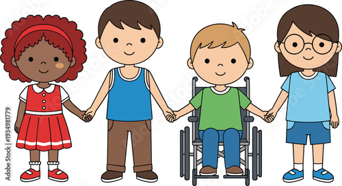 Inclusive Children Holding Hands with Boy in Wheelchair Diversity Illustration