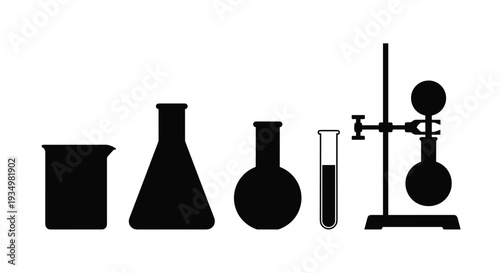 Silhouette of laboratory equipment including beaker flasks and test tube, Generative AI