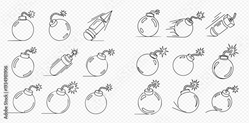 Set of continuous line drawing of various bombs and dynamite sticks with lit fuses, symbolizing danger and explosion.