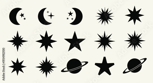 Collection of various celestial body silhouettes including stars planets and moons on light gray background, Generative AI