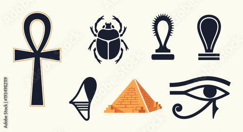 Egyptian ancient symbols icons set including ankh scarab was sceptre djed pillar eye of horus pyramid and other on beige background, Generative AI