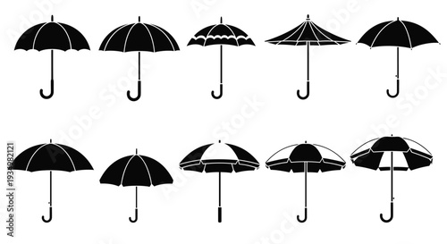 Collection of various black and white umbrellas, Generative AI