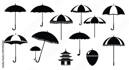 Collection of various black umbrellas and a pagoda, Generative AI