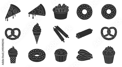 Collection of various fast food icons including pizza fries donuts pretzels ice cream cupcakes and more, Generative AI