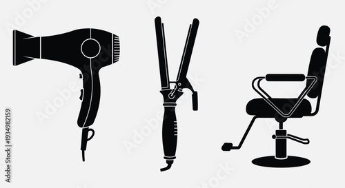 Black silhouettes of hair dryer hair straightener and chair on light gray background, Generative AI