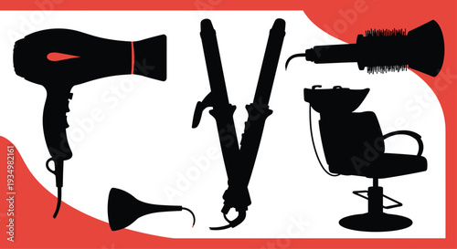 Silhouette of various hairdressing tools on a colorful background, Generative AI