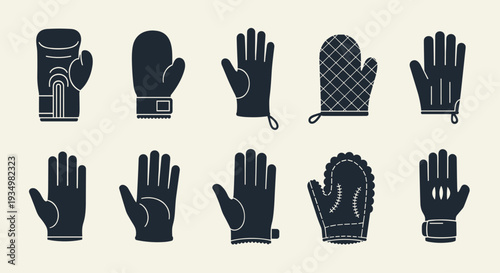 Collection of various glove and hand silhouettes in different styles and orientations on beige background, Generative AI