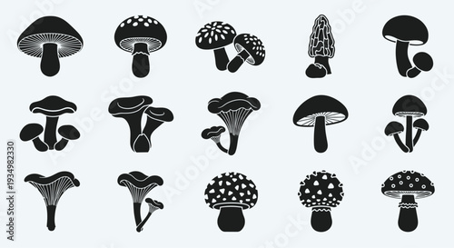 Collection of various black mushroom silhouettes on light gray background, Generative AI