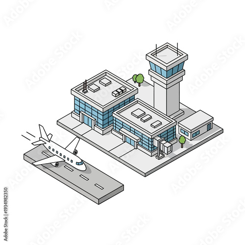 Isometric illustration of an airport terminal with control tower and airplane on the runway.