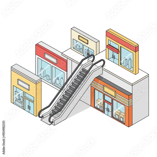 Isometric illustration of a shopping mall with multiple storefronts and an escalator.