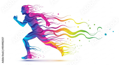Vibrant runner with colorful flowing hair and clothes in motion on white background conveying energy and freedom
