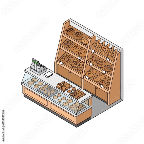 Bakery shop counter with pastries and bread on display.
