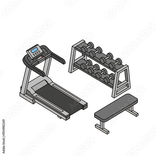 Illustration of a treadmill, dumbbell rack, and weight bench.