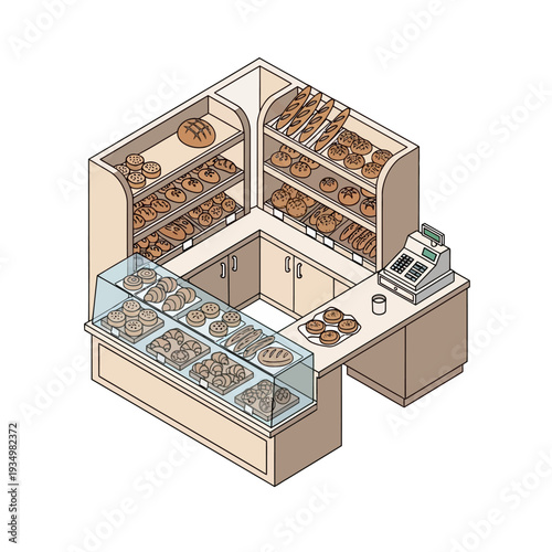 Isometric illustration of a bakery display case with various pastries and desserts.