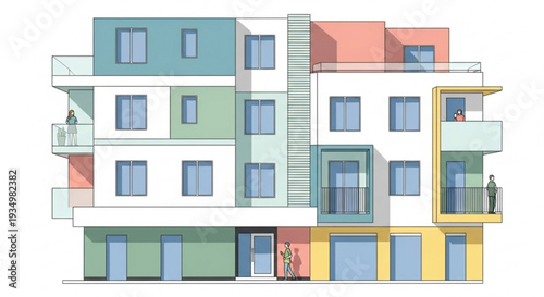 Colorful multi story apartment building with balconies and varied architectural details