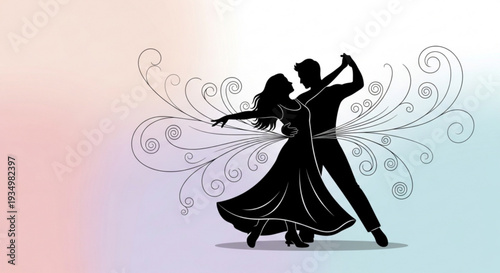 Silhouette of a romantic couple dancing tango with swirling floral patterns on a pastel gradient background