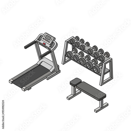 Gym Equipment Set with Treadmill Dumbbells and Bench.