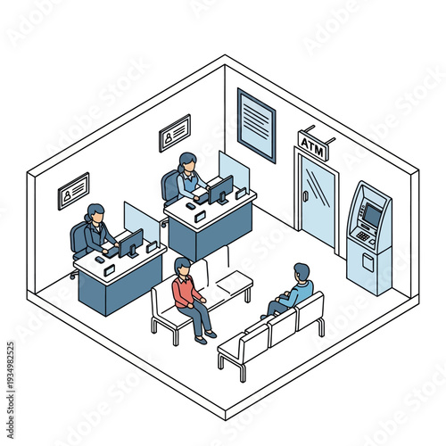Isometric illustration of a bank interior with customers and employees.