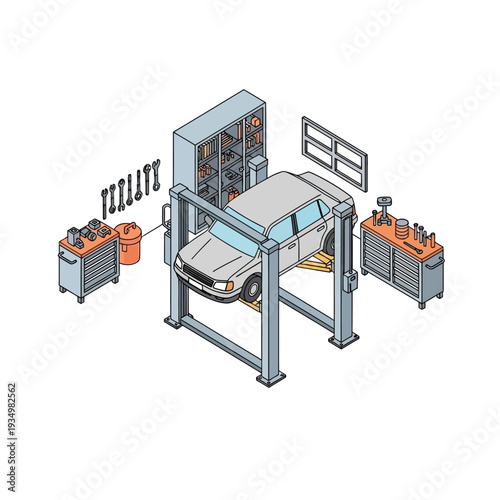 Car in a modern service center with hydraulic lift and equipment.