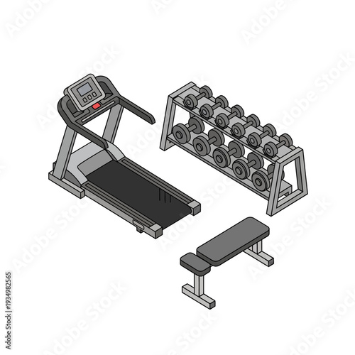 Set of fitness equipment including treadmill, dumbbells, and bench.