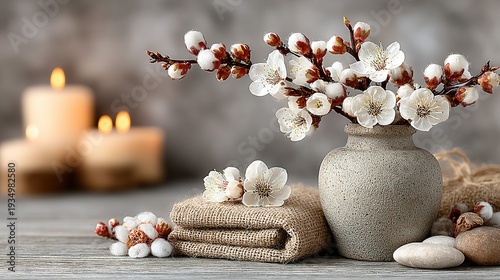 Blooming apricot branches arranged in vase with aromatherapy candles on counter