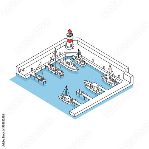 Isometric illustration of a harbor with boats and a lighthouse.