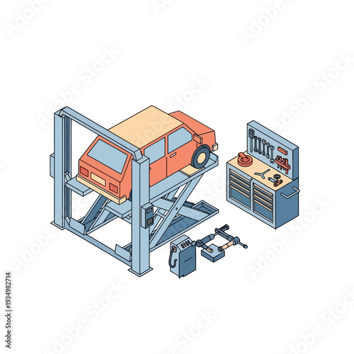 Car on a hydraulic lift in an auto repair workshop with tools.