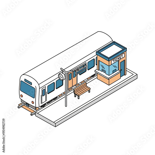 Isometric illustration of a train at a modern station platform.