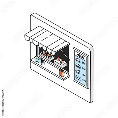 Isometric illustration of a vending machine dispensing food and drinks.