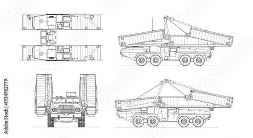Bridge Laying Military Vehicle AutoCAD Blueprint Vector – Multi View Engineering Technical Drawing