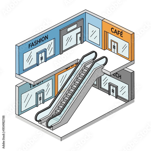 Isometric illustration of a shopping mall with escalator and storefronts.