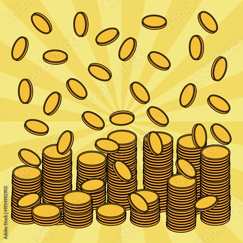 集中線を背景に降り注ぐ大量の金貨とコインの山