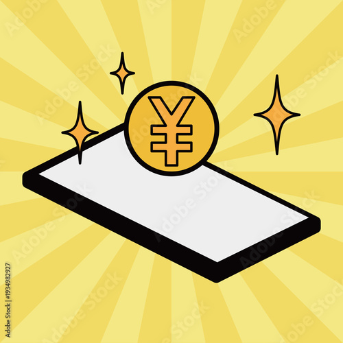 集中線背景とスマートフォン・日本円コインのキャッシュレスイメージ