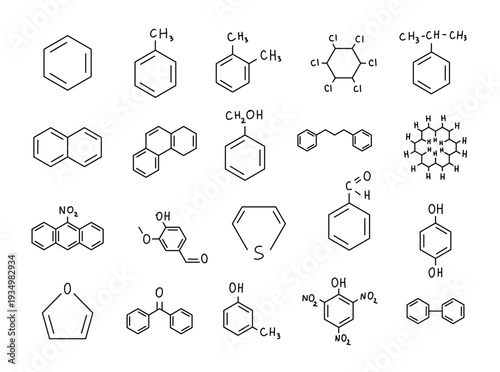 Organic chemistry set in outline line art featuring benzene derivatives heterocycles polycyclic hydrocarbons aldehydes ketones phenols acids nitrated molecules structural formulas