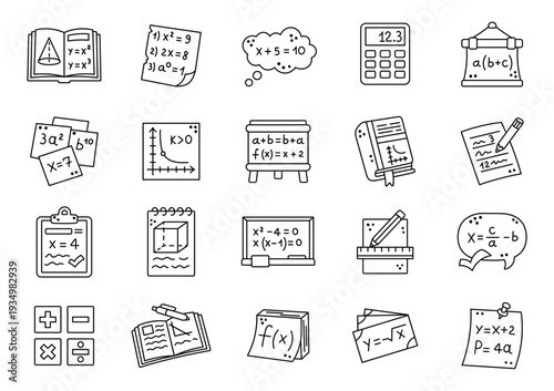 Algebra education set in outline line art with textbook worksheet calculator blackboard notebook ruler cube function graph equation formula practice problems learning