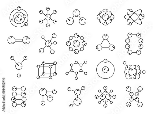 Educational atom and molecule set in outline line art featuring nucleus orbitals bonds lattice rings clusters physics chemistry school science for your illustration