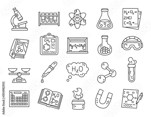 Chemical science set in outline line art laboratory equipment and education featuring microscope glassware atom molecule formulas textbook burner magnet periodic table