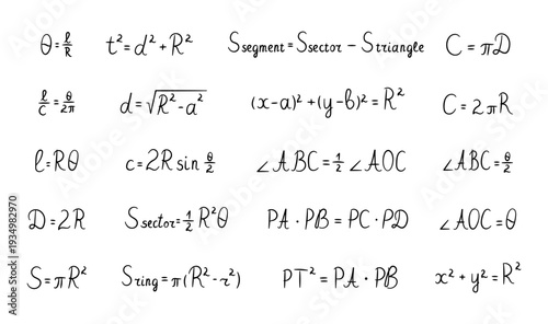 Geometry circle formulas set with central angles arc length chord relations sector area circumference equations diameter radius theorems for your illustration