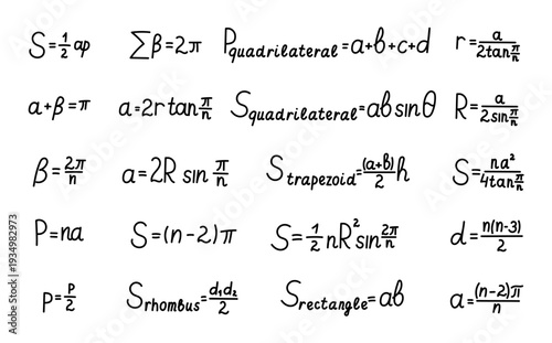 Geometry polygon formulas set featuring area perimeter angle radius diagonal trapezoid parallelogram rhombus rectangle quadrilateral relations equations for mathematics education