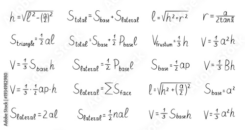 Stereometry pyramid formula set featuring height slant surface area volume frustum inradius polygon base square lateral summation expressions education